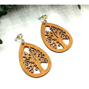Tree Of Life Teardrop Wooden Earrings With Clip-Ons